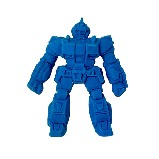Front view of vintage 1985 Bandai GoDaikin Galatt KAMIGE blue mini robot keshi figure, made in Japan.