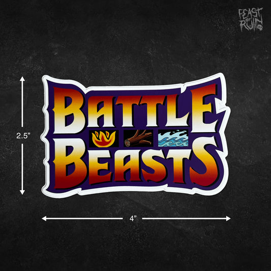 A die-cut sticker or decal reading “BATTLE BEASTS” in stylized multicolor lettering, shown on a dark textured background with dimension arrows indicating 4 inches wide by 2.5 inches tall.