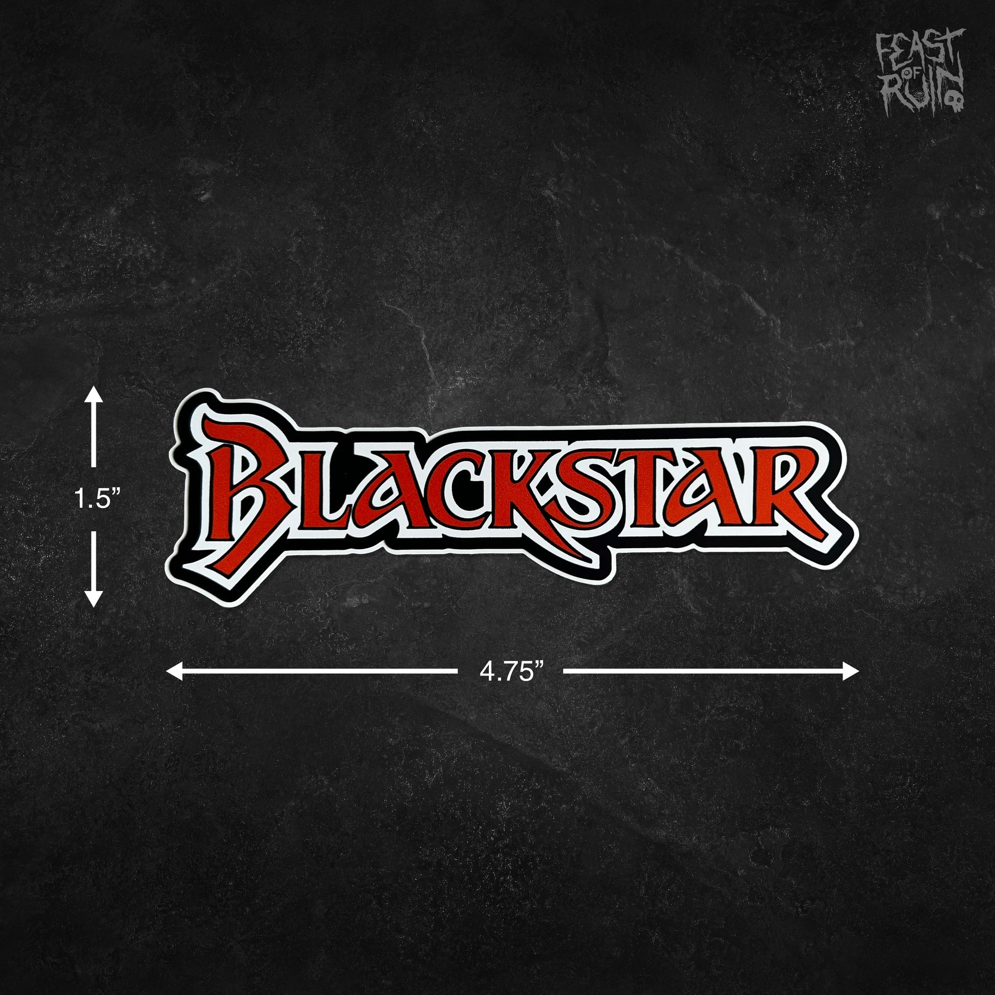 A stylized 'Blackstar' logo decal shown on a dark textured background with white dimension arrows indicating 1.5 inches tall by 4.