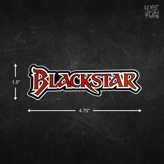 A stylized 'Blackstar' logo decal shown on a dark textured background with white dimension arrows indicating 1.5 inches tall by 4.