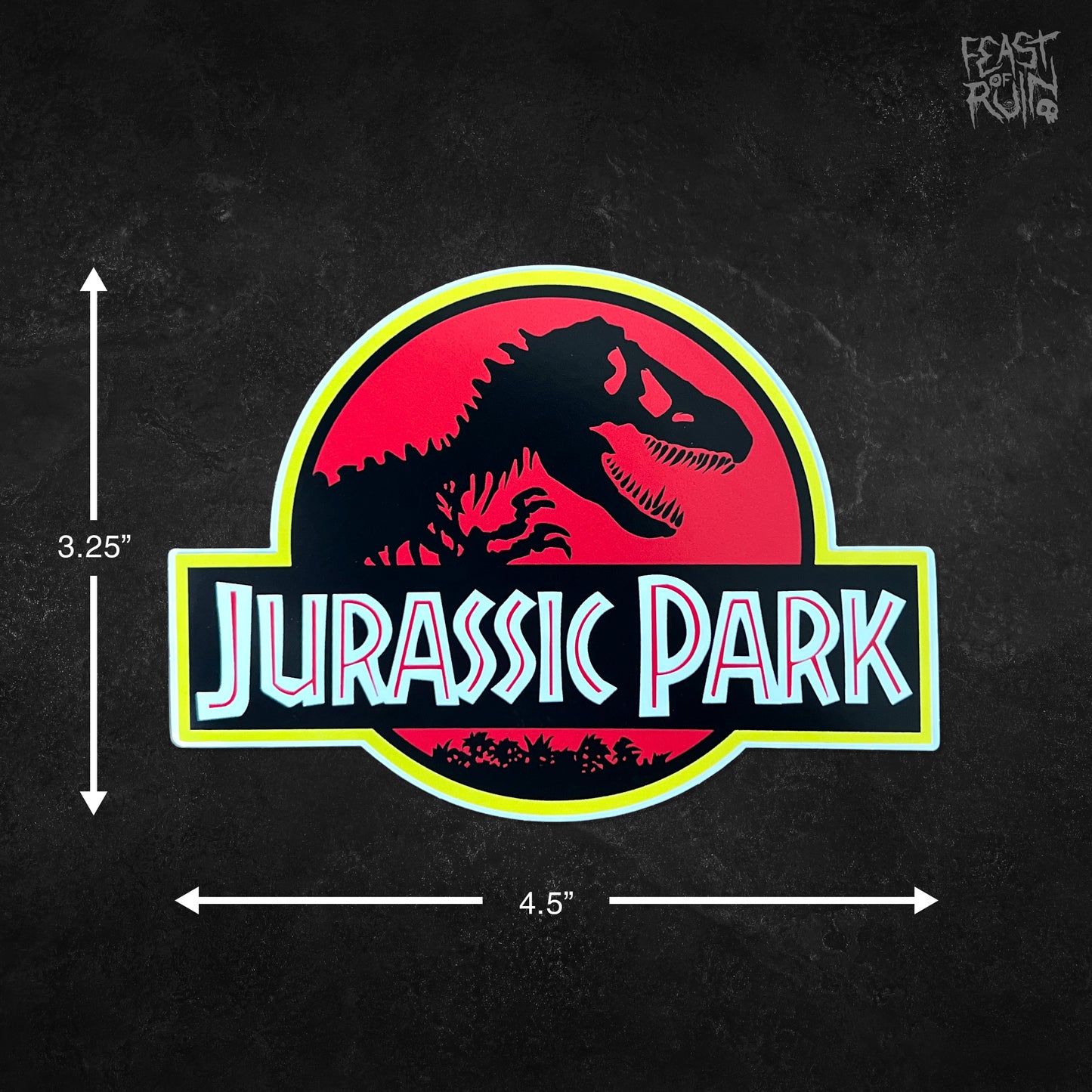 Jurassic Park classic red and black T-Rex logo 4.5 by 3.25 inch vinyl sticker.