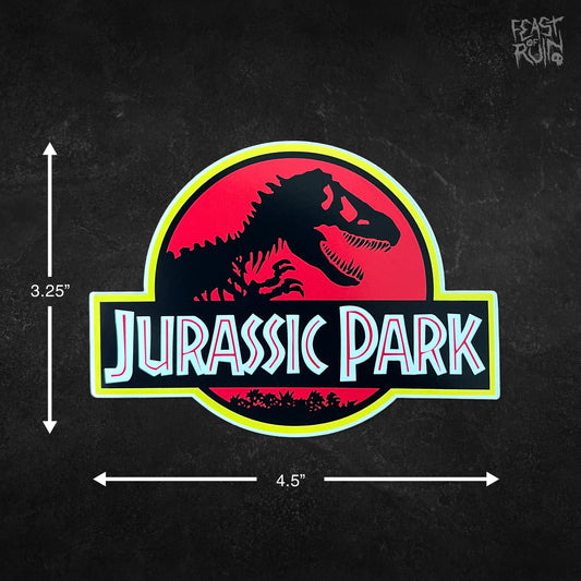 Jurassic Park classic red and black T-Rex logo 4.5 by 3.25 inch vinyl sticker.