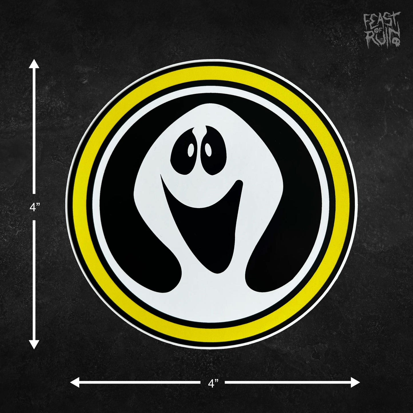 Filmation's Ghostbusters yellow circle smiling ghost logo 4 by 4 inch vinyl sticker.