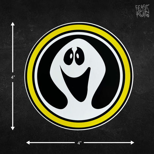 Filmation's Ghostbusters yellow circle smiling ghost logo 4 by 4 inch vinyl sticker.
